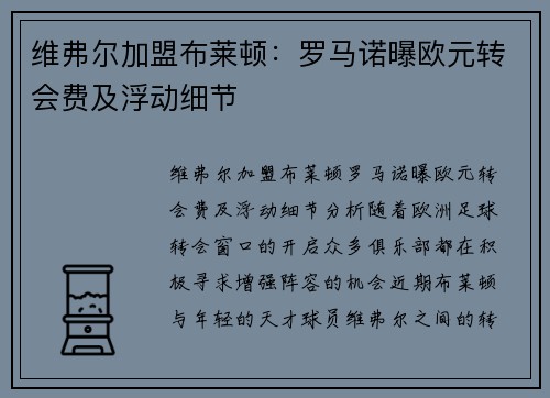 维弗尔加盟布莱顿：罗马诺曝欧元转会费及浮动细节