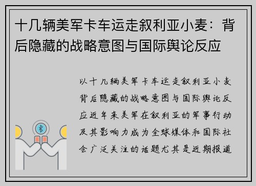 十几辆美军卡车运走叙利亚小麦：背后隐藏的战略意图与国际舆论反应