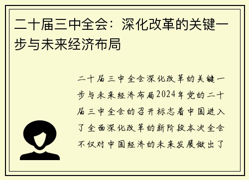 二十届三中全会：深化改革的关键一步与未来经济布局