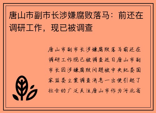 唐山市副市长涉嫌腐败落马：前还在调研工作，现已被调查