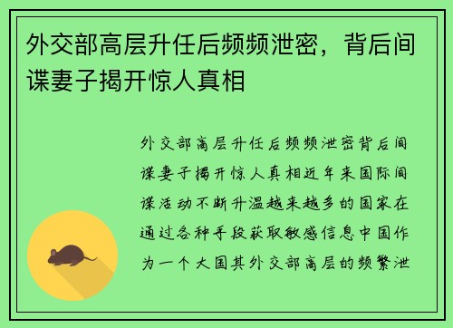 外交部高层升任后频频泄密，背后间谍妻子揭开惊人真相